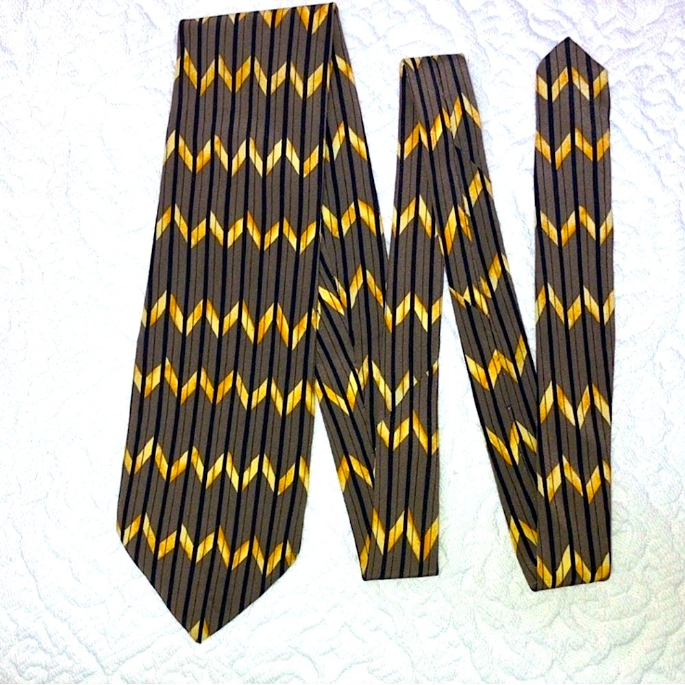 Claude Montana Paris vintage silk tie, chevron striped, taupe, black & gold
